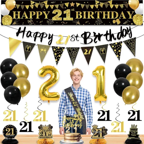 27 piezas de decoraciones de cumpleaños 21 para hombres, decoraciones de fiesta de 21 en color negro y dorado, pancarta de feliz cumpleaños 21 de