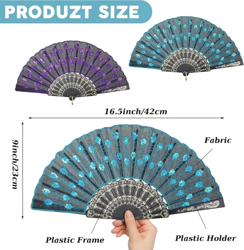 Miniatura 2 de Jetec Abanico español de encaje de 2 piezas, ventilador de mano plegable chino de mano para mujer, disfraz de baile de los años 20, regalo de azul