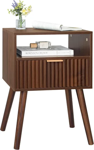 Miniatura 9 de Fultyle Mesita de noche de nogal, mesa de noche de madera con cajones acanalados y estante abierto, mesita de noche de madera para dormitorio