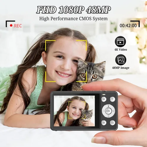 Miniatura 2 de Cámara digital FHD 1080P para niños, 48MP apunta y dispara, con una tarjeta de 64 GB, zoom 16X, antivibraciones, cámara pequeña compacta para niños
