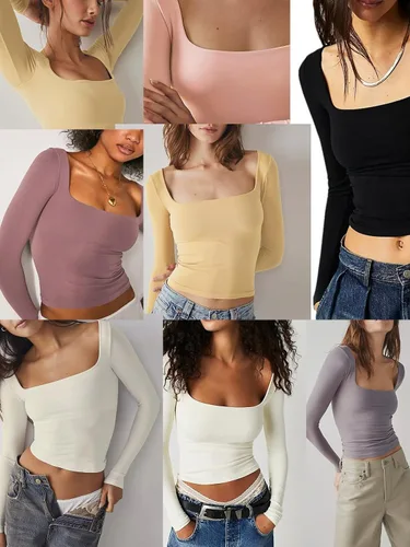 Miniatura 4 de Dwnval Camiseta corta sexy de manga larga para mujer, cuello cuadrado, doble forro, básica, ajustada