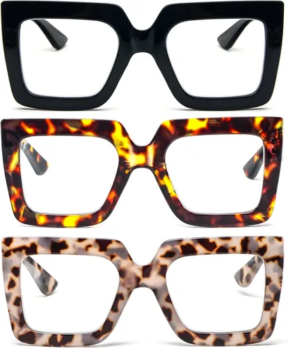 Miniatura 10 de Paquete de 3 lentes de lectura de marco grueso de gran tamaño para mujer, elegantes anteojos cuadrados grandes que bloquean la luz azul