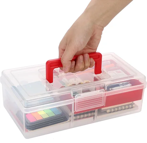Miniatura 5 de BTSKY Caja de almacenamiento de plástico transparente con bandeja extraíble, caja de almacenamiento de papelería multiusos con asa, práctica caja