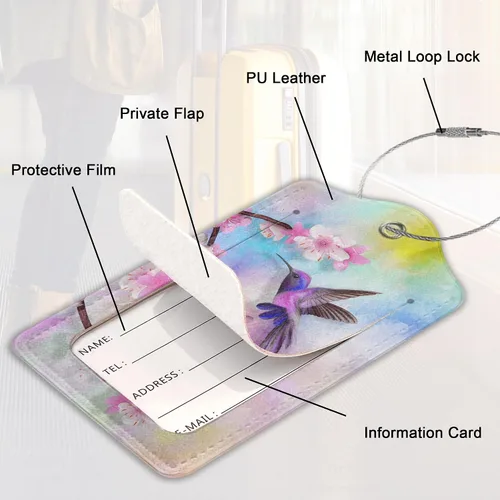 Miniatura 10 de Juego de 2 etiquetas de cuero para equipaje con diseño de mariposas y loto, cubierta de privacidad, etiqueta de maleta con lazo de acero inoxidable