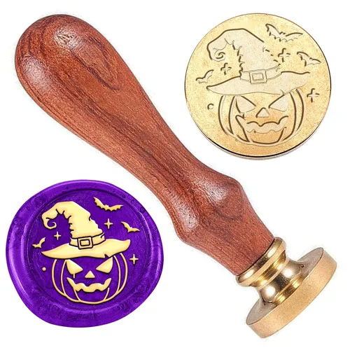 Miniatura 8 de Sello de sellado de cera de Halloween de bruja, sello de cabeza de latón de luna creciente de 1 pulgada con mango de madera, sello de cera