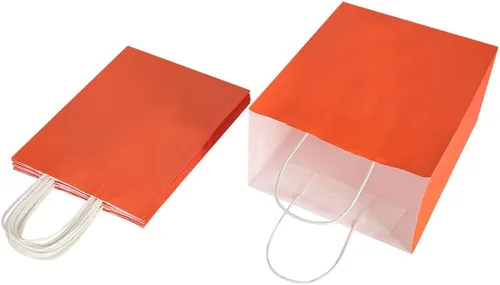Miniatura 4 de Oikss Paquete de 100 bolsas de papel kraft naranja medianas de 8 x 4.75 x 10 pulgadas con asas a granel para cumpleaños, bodas, fiestas