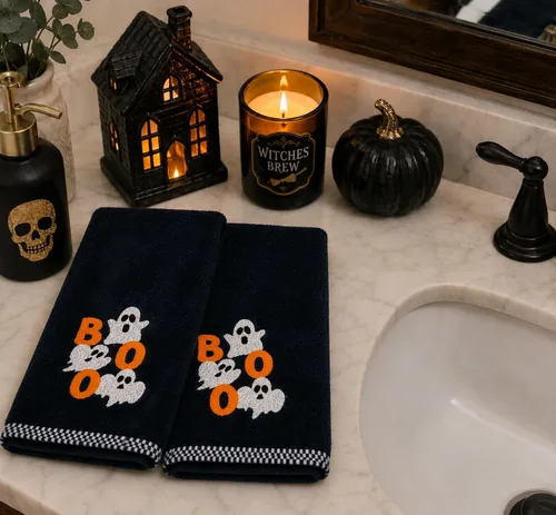 Miniatura 3 de Serafina Home Toallas de mano de baño de Halloween, fantasmas bordados, diseño Boo, juego de 2, color negro, 16 x 25 pulgadas