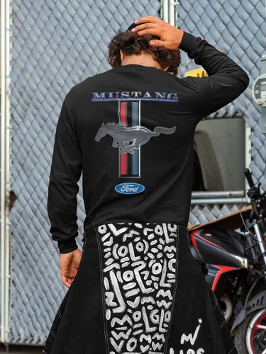 Miniatura 6 de Ford Mustang Pony Racing Stripe 5.0 Muscle Cars Camiseta de manga larga con estampado delantero y trasero Negro