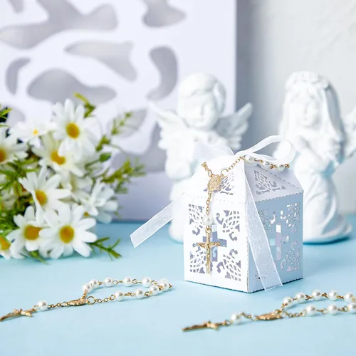 Miniatura 4 de Juego de 50 paquetes de recuerdos de bautismo, cuentas de rosario de bautismo acrílicas, perlas falsas con bolsas de organza, recuerdo de boda