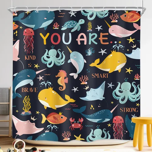 Miniatura 22 de Riyidecor Ocean - Cortina de ducha para niños, 60 pulgadas de ancho x 72 pulgadas de alto, diseño de ballena, dibujos animados, animales, delfín