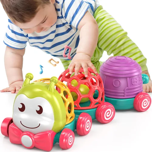 MOONTOY - Juguetes de auto oruga para bebés de 6 a 12 meses, juguete musical de gateo para empujar y andar para bebés, juguete sensorial suave de