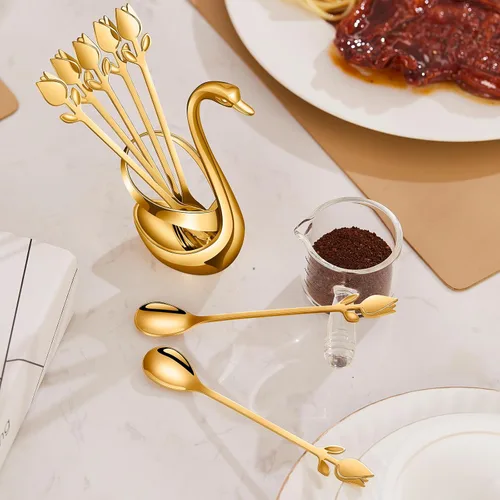 Miniatura 5 de Juego de Soporte para Cucharas de Café Pequeñas Dorado, Base de Cisne con Juego de 12 Cucharas Demitasse para Espresso, Cuchara de Postre Mini
