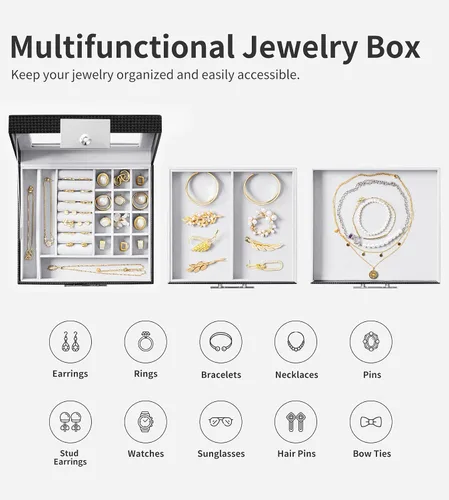 Miniatura 5 de Oyydecor Joyero con tapa de cristal organizador de joyas de piel sintética de 3 niveles con 2 cajones estuche de joyería portátil grande