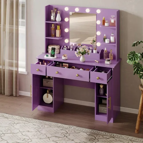Miniatura 3 de HUANLEGO Escritorio de tocador con espejo y luces, tocador de maquillaje con espejo y luces LED y toma de corriente, 3 cajones y armarios, 3 modos