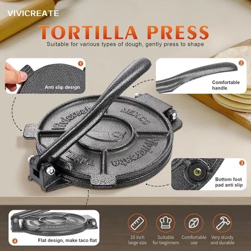 Miniatura 6 de Vivicreate Prensa de tortilla de hierro fundido de 7.5 pulgadas, fabricante de tortillas de alta resistencia para tortillas de maíz, tacos