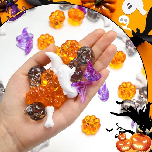 Miniatura 3 de 120 piezas de sombreros de bruja pequeños de calabaza acrílica, cabeza de calavera, huesos de esqueleto, lindos adornos de fantasma, mini acrílico