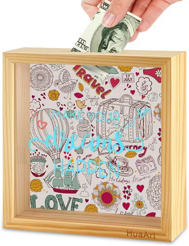 Alcancía para niños, caja de madera más grande y segura para niños, caja de dinero de madera natural, impresa en la parte delantera de plexiglás,