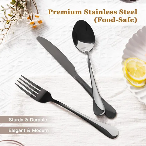 Miniatura 2 de Juego de cubiertos Astercook de 48 piezas en negro con cuchillos de carne, juego de cubiertos de acero inoxidable de grado alimenticio con acabado
