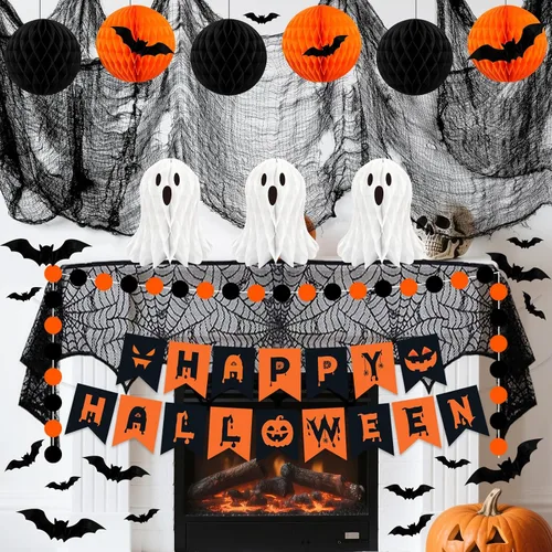 Miniatura 4 de Decoraciones de fiesta de Halloween, 29 piezas de decoración de interiores de Halloween con mantel de tela, tela espeluznante, colgante de fantasma