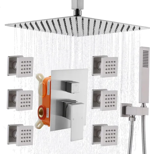 Miniatura 12 de Enga Sistema de ducha con chorros corporales de 12 pulgadas, ducha de lluvia montada en la pared y pulverizadores de mano de latón de cuerpo