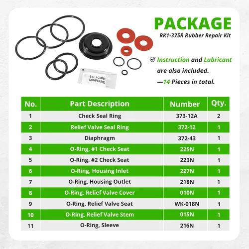 Miniatura 4 de Repuesto para kit de reparación de piezas de goma Wilkins RK1-375R, apto para modelos de 1 pulgada 375 375ST 375XL, incluye lubricante