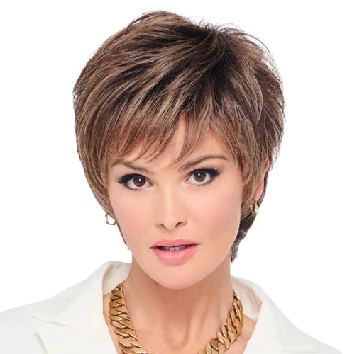Miniatura 40 de Raquel Welch - Peluca corta Bob atada a mano feroz y enfocada por Hairuwear, gorra de tamaño medio, castaño iluminado por el sol RL10/12