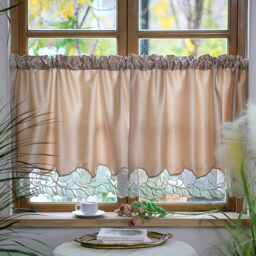 SUTAVIA Juego de 2 cortinas clásicas de encaje rosa para cocina, cortinas de cafetería, cortinas de satén dorado con bolsillo para barra,