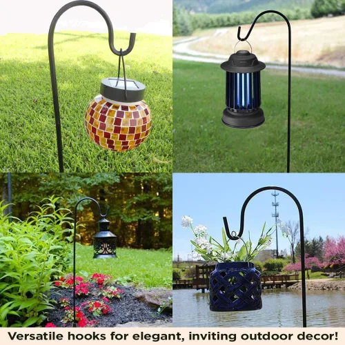 Miniatura 5 de Ganchos de pastor para exteriores, juego de 4 postes de jardín ajustables para comederos de pájaros, linternas solares, campanillas de viento, Negro