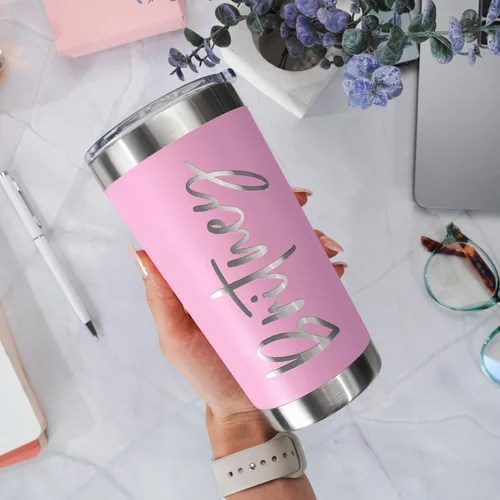 Miniatura 5 de Vasos personalizados, vaso de acero inoxidable con tapa Tazas personalizadas Rosa claro