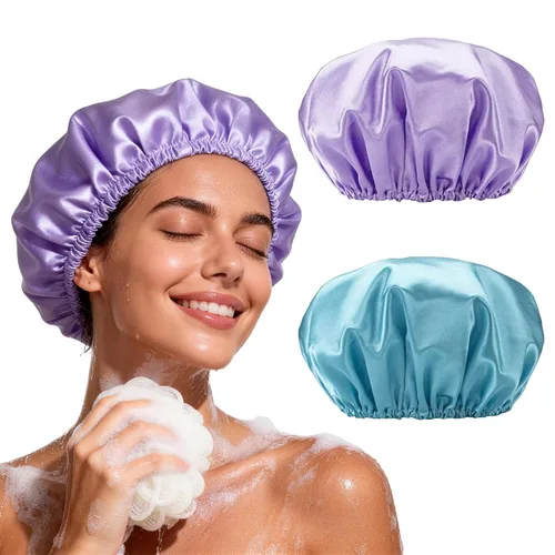 Miniatura 11 de Smilco Paquete de 2 gorros de ducha para mujer, reutilizables, impermeables, de doble capa, cubierta elástica grande de EVA para el cabello, se
