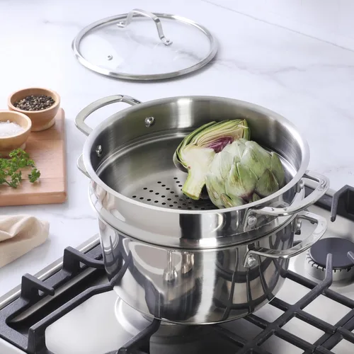 Miniatura 5 de Sur La Table Kitchen Essentials Chef's Deck - Horno holandés de acero inoxidable de 5.3 cuartos de galón con inserto de vapor y tapa de vidrio