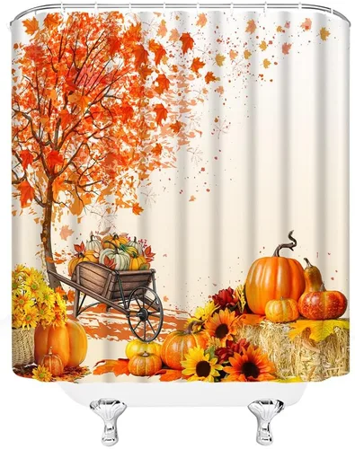 Miniatura 3 de Cortina de ducha de otoño, hojas de arce, calabaza, cosecha de girasol, granja, tela, juego de decoración de baño con gancho