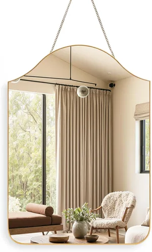 Espejo de pared de arco esculpido dorado de 13 x 18 pulgadas, espejo colgante vintage con cadena, espejo decorativo de latón para entrada, baño,