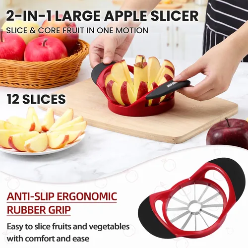 Miniatura 2 de SCHVUBENR Cortador de manzana grande de 4.72 pulgadas con 12 cuchillas, cortador profesional de manzana, descorazonador de manzana de acero Rojo