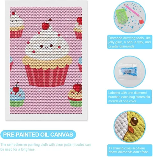 Miniatura 3 de Kits de pintura de diamantes para adultos, lindos cupcakes de taladro completo, pinturas de puntos de diamante, kits de arte de diamantes 5D