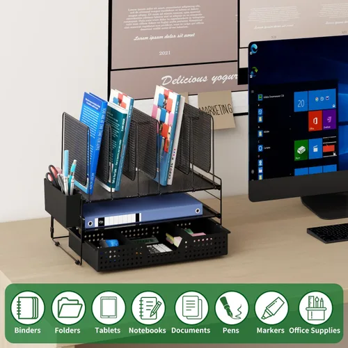 Miniatura 2 de LEKETREE Organizador de escritorio, organización de oficina con soporte de archivos vertical, organizador de archivos con cajón y soporte