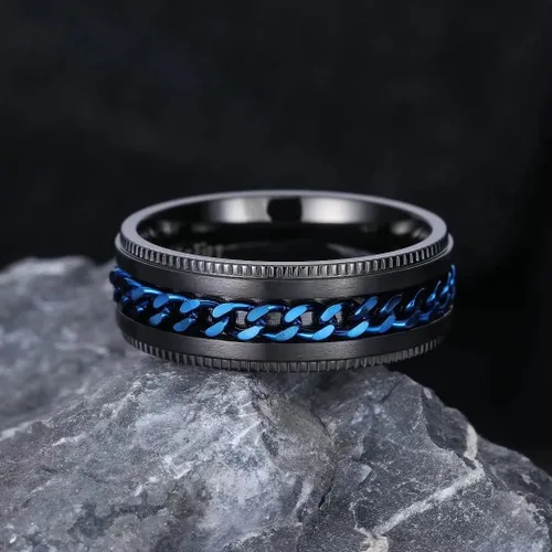 Miniatura 53 de King Will - Anillo antiestrés de acero inoxidable 316L para hombres y mujeres, con cadena decorativa giratoria, 8 mm de ancho, anillo de boda