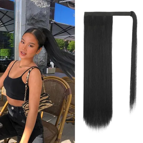 Miniatura 23 de BARSDAR Extensión de cola de caballo de 28 pulgadas largo recto envoltura alrededor del clip en pelo de fibra sintética para mujeres, negro