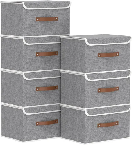 Miniatura 41 de Yawinhe SNK024BEN-1 Cajas de almacenamiento plegables, cestas apilables de tela de lino, contenedor con tapa y asa de cuero, lavable, para el hogar