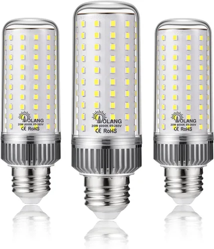 Bombilla LED E26, bombilla LED de maíz de 20 W, equivalente a 180 W, 6000 K, luz blanca diurna, 2000 lúmenes, no regulable, sin parpadeo, ventilador