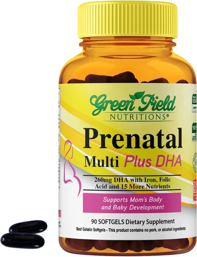 Greenfield Nutritions - Vitaminas prenatales halal con DHA y ácido fólico, multivitamínico prenatal esencial para el embarazo con hierro, contiene
