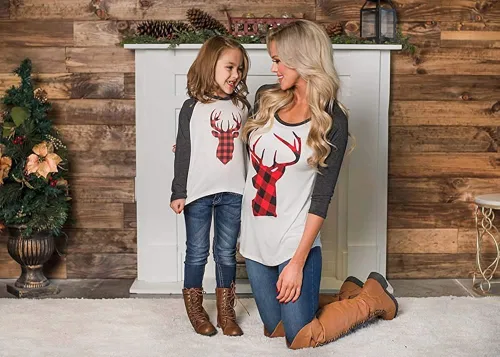 Miniatura 3 de Trajes de Navidad mamá y mí moda ciervos impresión de manga larga camiseta blusa tops a juego trajes familiares
