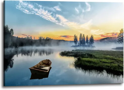 Miniatura 13 de Inpraradiso - Lienzo de Arte de Pared de Naturaleza: Cuadro Panorámico de Paisaje de Lago de Montaña, Árboles del Bosque, Impresión Artística