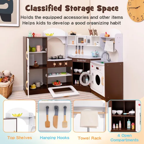 Miniatura 2 de HONEY JOY Juego de Cocina de Esquina para Niños, Cocina de Juego de Madera Definitiva para Niños Pequeños, Lavadora, Máquina de Hielo, Fregadero