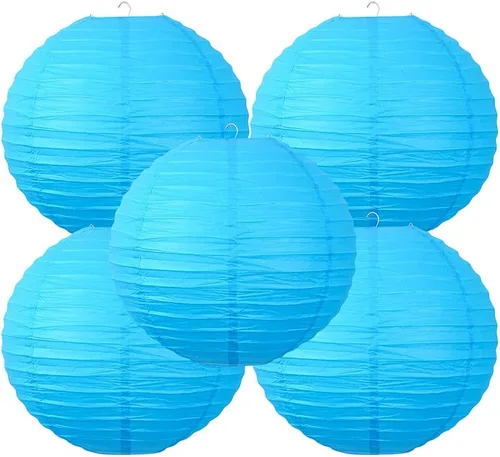 Miniatura 10 de Linternas de papel de estilo chino, juego de 5, adecuadas para decoración de fiestas (azul claro, 12 pulgadas)