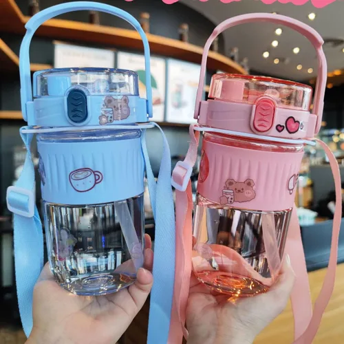 Miniatura 3 de Botella de agua kawaii con pajita, botella de agua portátil de plástico de gran capacidad con bonitas calcomanías (rosa, 23.1 fl oz)