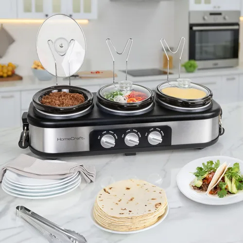 Miniatura 6 de HomeCraft HCTSC15SS Olla de cocción lenta de acero inoxidable de 3 estaciones de 1.5 cuartos ovalada para buffet, con tapa y reposa cucharas