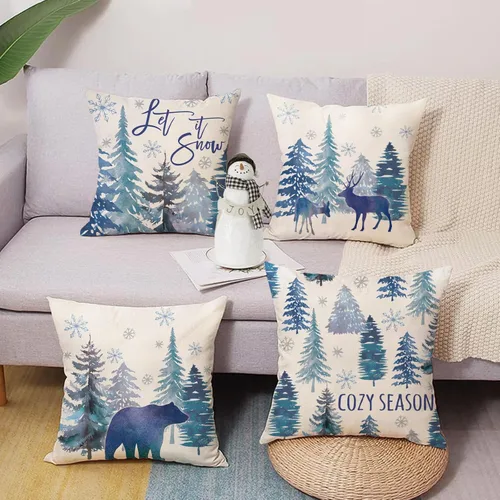 Miniatura 5 de Juego de 4 fundas de almohada decorativas de color azul pino de invierno de 18 x 18 pulgadas, Let It Snow en acuarela, bosque, oso, reno, copo