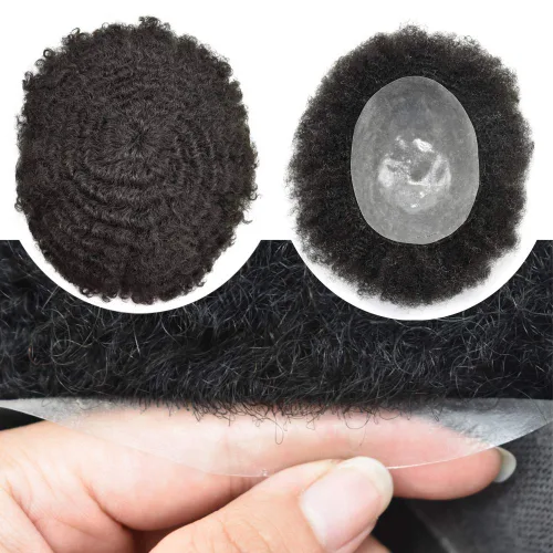 Miniatura 3 de Cabello afro rizado para hombre maravillas de cabello humano afroamericano de repuesto para hombres negros, piel de polietileno completa, sistema