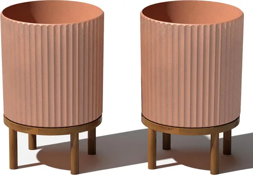 Miniatura 45 de Veradek Demi Series - Maceta redonda con soporte para porche o patio, compuesto de piedra de plástico duradero y soporte de madera, decoración